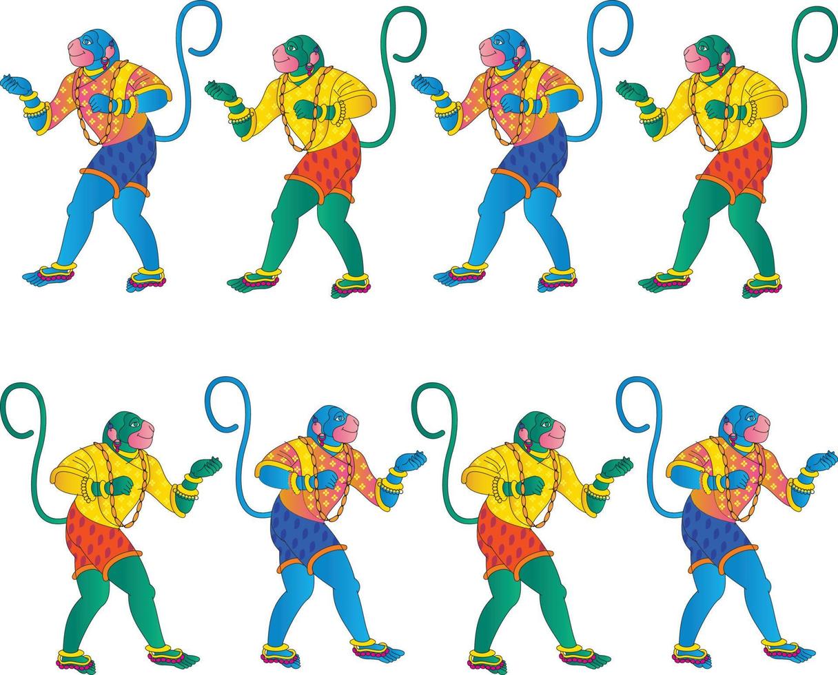 Monkeyface god of power, lord Hanuman and his servants or Sevak as they are called. in Indian folk art Pinguli style. for textile printing, logo, wallpaper vector