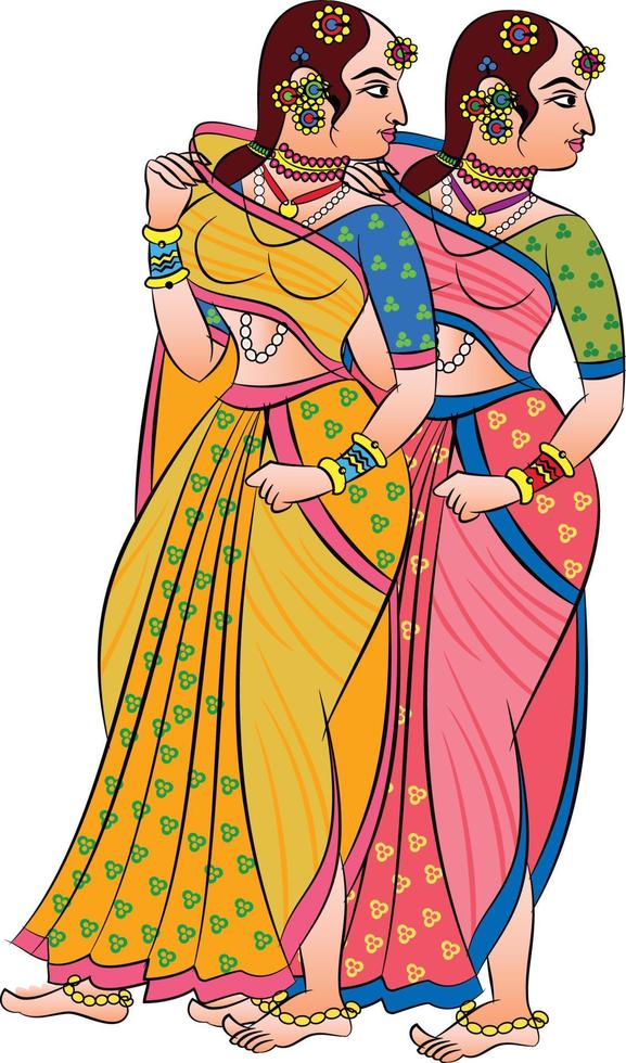 Lord's Gopika, Sevika, or lady servants have drawn in Indian folk art, Kalamkari style. for textile printing, logo, wallpape vector