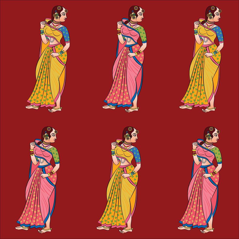 Lord's Gopika, Sevika, or lady servants have drawn in Indian folk art, Kalamkari style. for textile printing, logo, wallpape vector