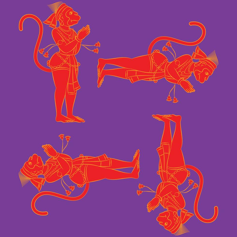 Monkeyface god of power, lord Hanuman and his servants or Sevak as they are called. in Indian folk art Pinguli style. for textile printing, logo, wallpaper vector