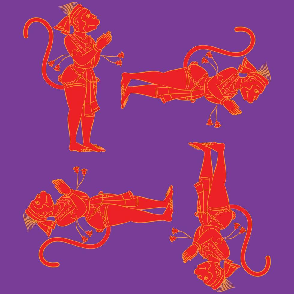 cara de mono dios del poder, señor hanuman y sus sirvientes o sevak como se les llama. en estilo pinguli de arte popular indio. para impresión textil, logo, papel pintado vector