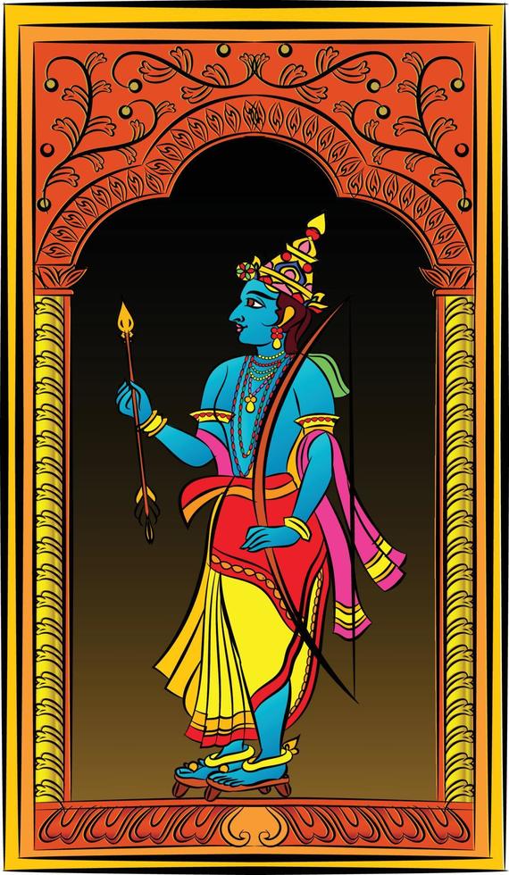 Lord Rama, the Hindu god. with a bow and arrow, and Sevikas or lady servants vector
