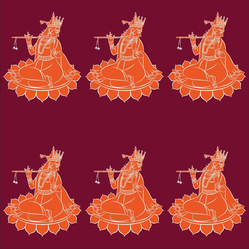 el señor krishna y el señor rama, los dioses hindúes, y sus sevika o sirvientes tocando la flauta. sentado en un loto. para impresión textil, logo, papel pintado vector