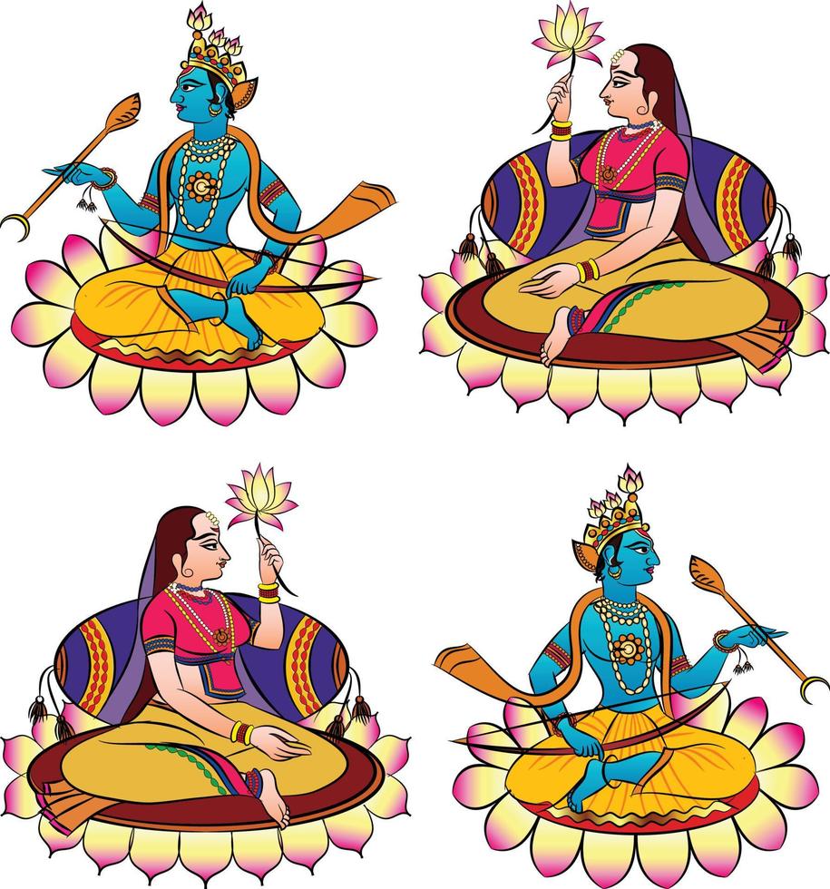 Lord Rama, the Hindu god. with a bow and arrow, and Sevikas or lady servants vector