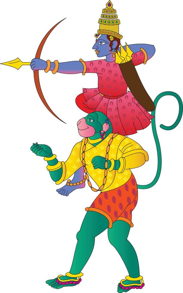 Lord Rama, the Hindu god. with a bow and arrow, and Sevikas or lady servants vector