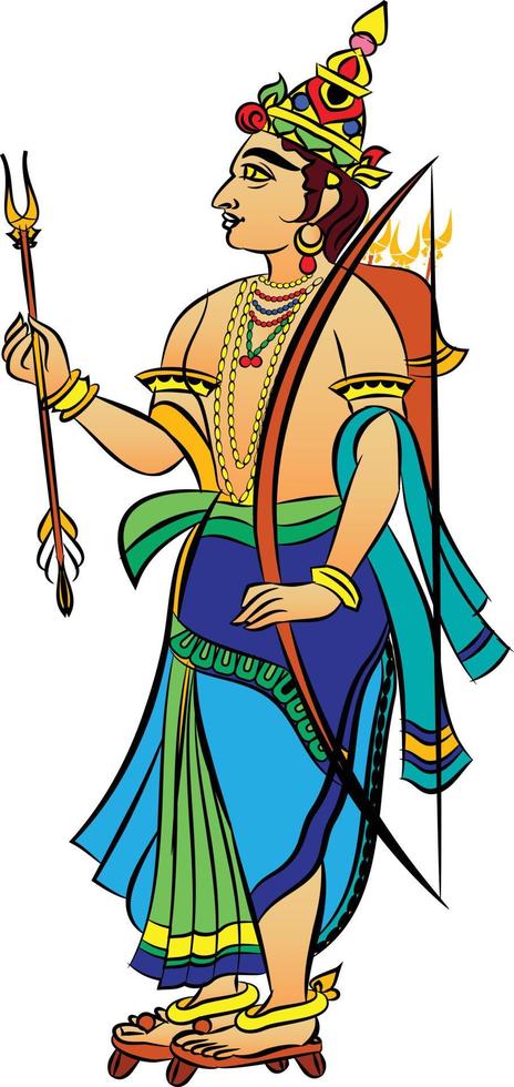 Lord Rama, the Hindu god. with a bow and arrow, and Sevikas or lady servants vector