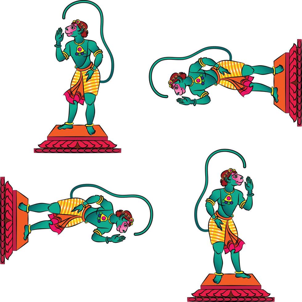 Monkeyface god of power, lord Hanuman and his servants or Sevak as they are called. in Indian folk art Pinguli style. for textile printing, logo, wallpaper vector