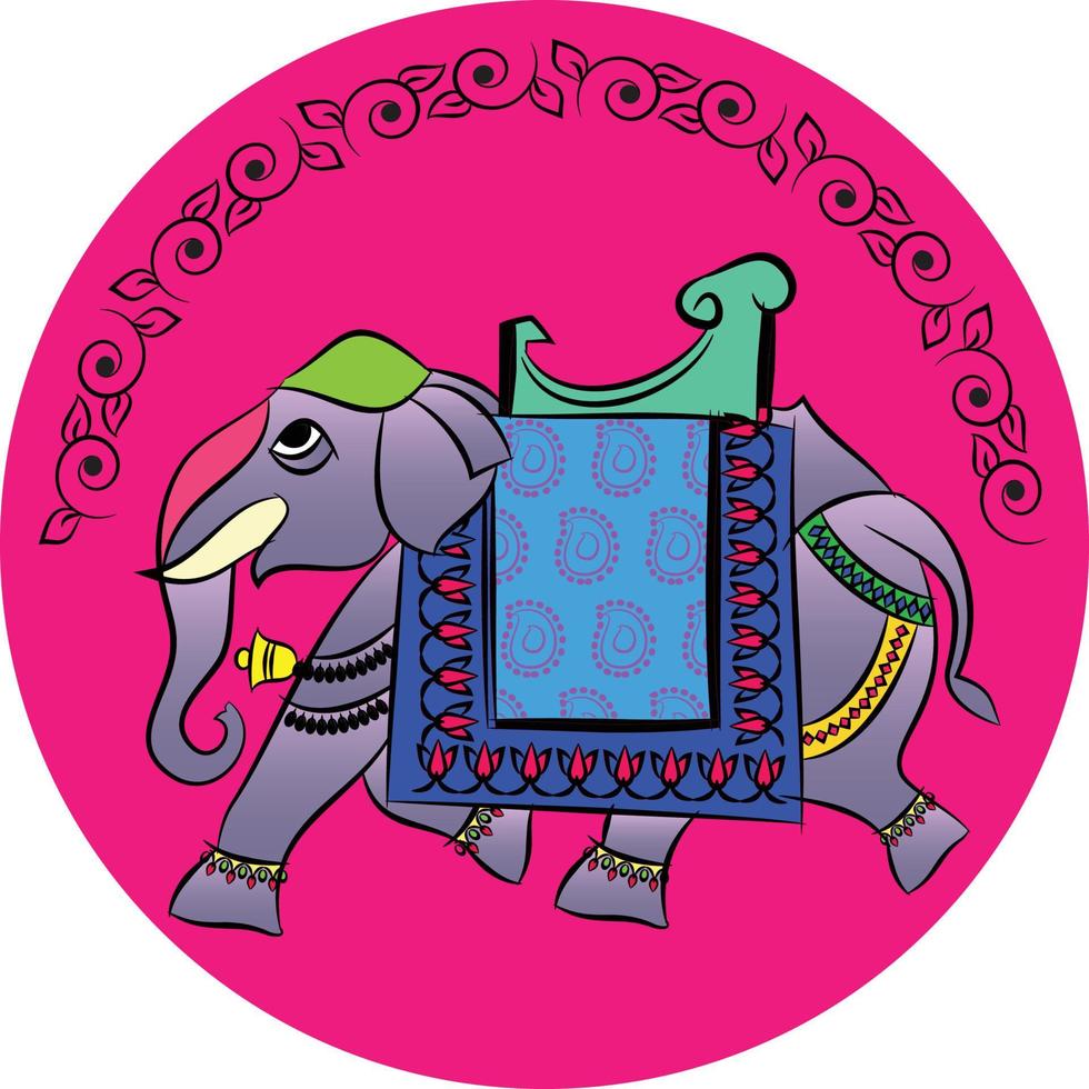 Elephant rendered in Pichwai style. Indian folk art. for a coloring book, textile fabric prints, phone case, greeting card. logo, calendar vector