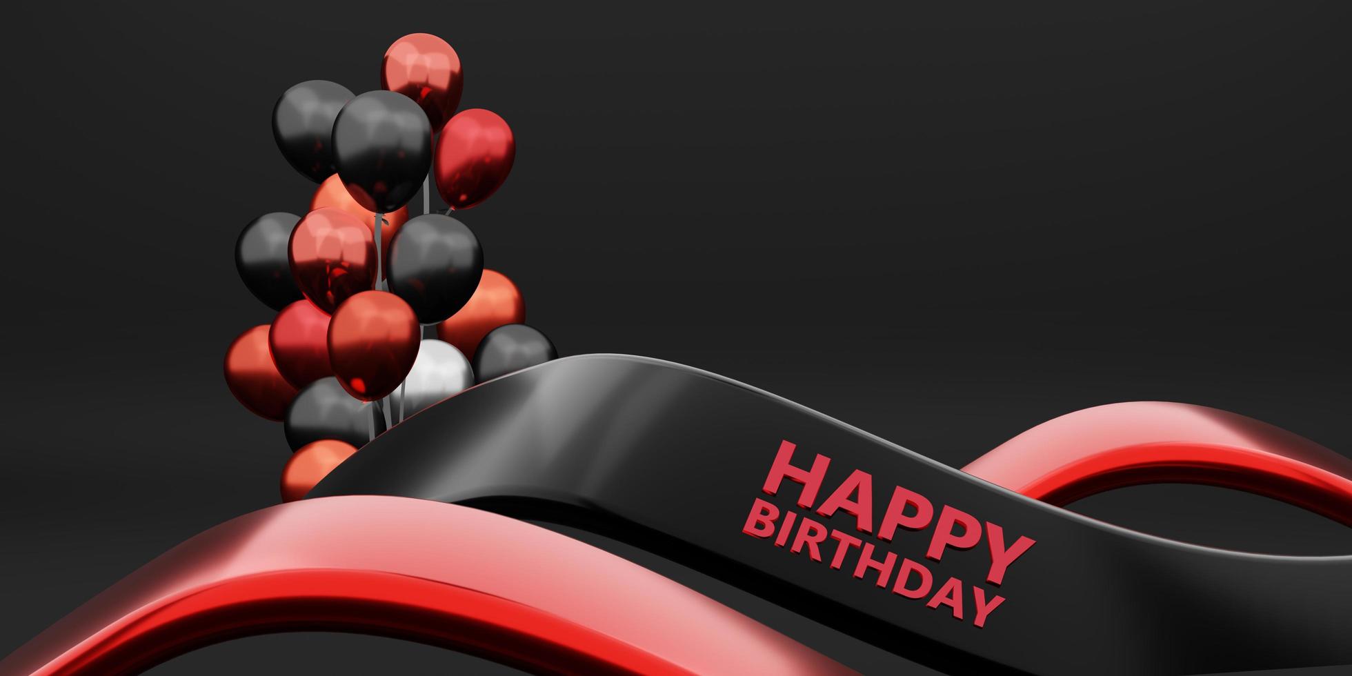 happy birthday dark background with ribbon and balloons 3D illustration photo