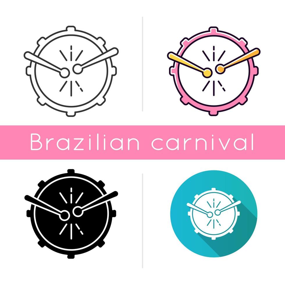 Drum with drumsticks icons set. Linear, black and RGB color styles. View from above. Musical instrument. Brazilian carnival. Samba. Festive drum parade. Musical movement. Isolated vector illustrations