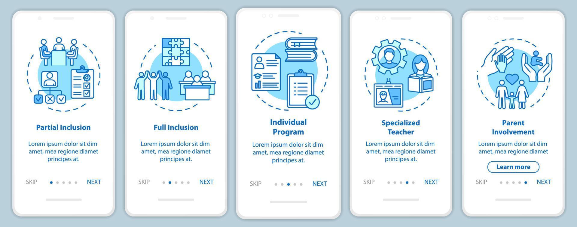 Inclusive education onboarding mobile app page screen with concepts. Educational assistance for disabled walkthrough five steps graphic instructions. UI vector template with RGB color illustrations