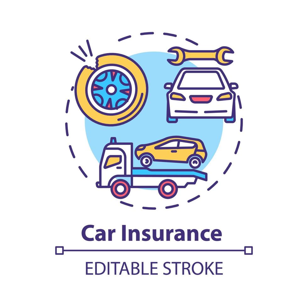 Car insurance concept icon. Auto wreck. Collision damage. Accident coverage. Personal property fix idea thin line illustration. Vector isolated outline RGB color drawing. Editable stroke
