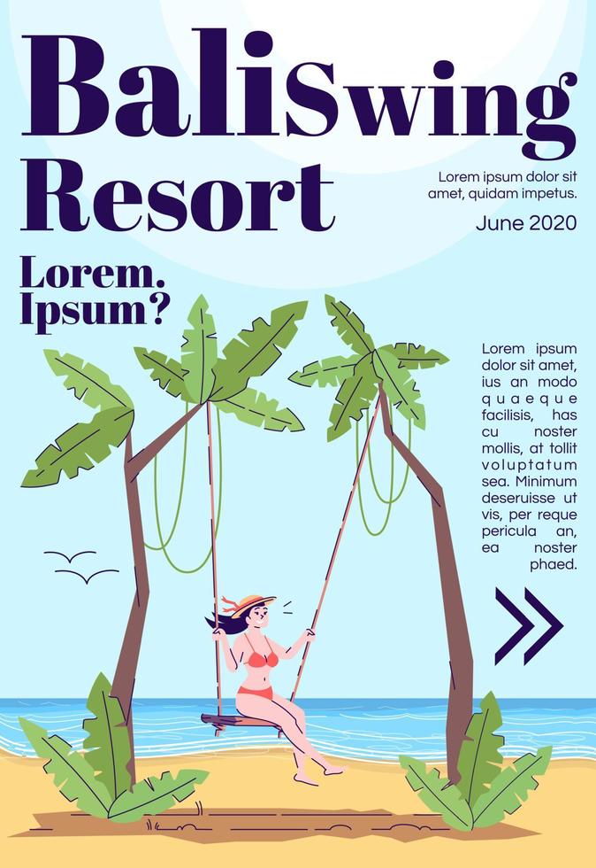 Bali swing resort magazine cover template. Woman on beach. Seaside. Indonesia tourism. Journal mockup design. Vector page layout with flat character. Advertising cartoon illustration with text space