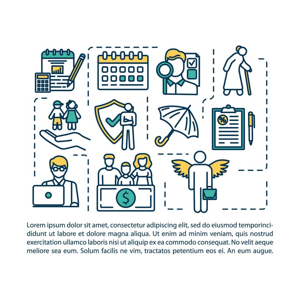 Life insurance concept icon with text. Retirement plan. General policy contract. Children support. PPT page vector template. Brochure, magazine, booklet design element with linear illustrations