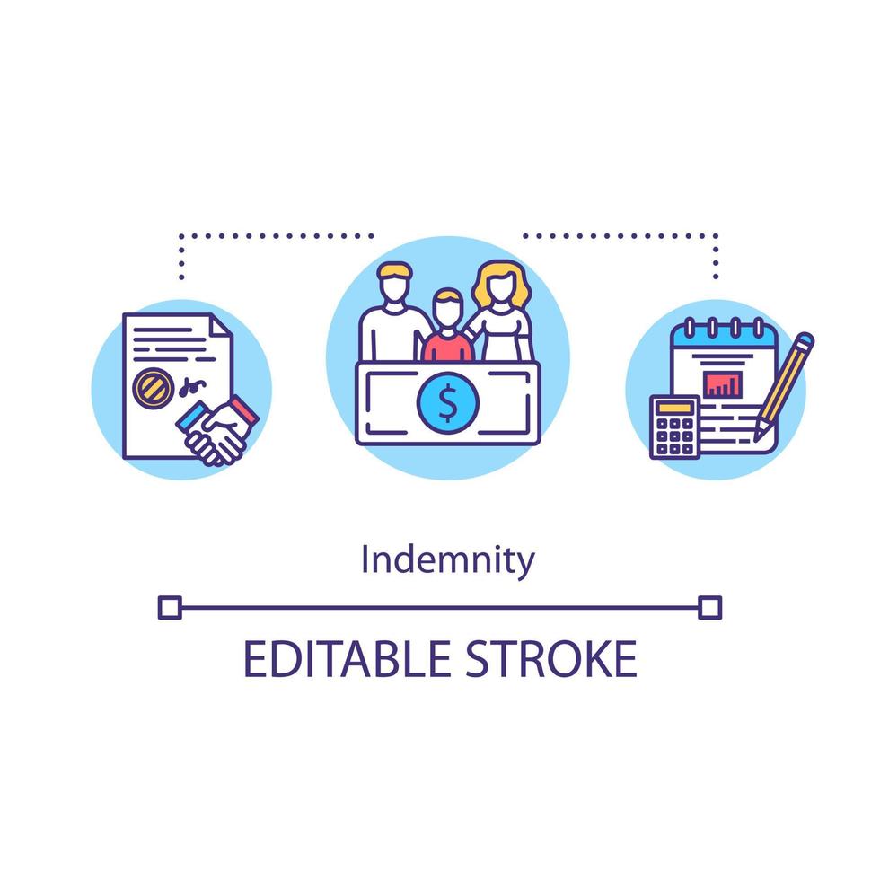 Indemnity concept icon. Legal obligation. Family insurance plan. Compensation with sum of money. Payout idea thin line illustration. Vector isolated outline RGB color drawing. Editable stroke