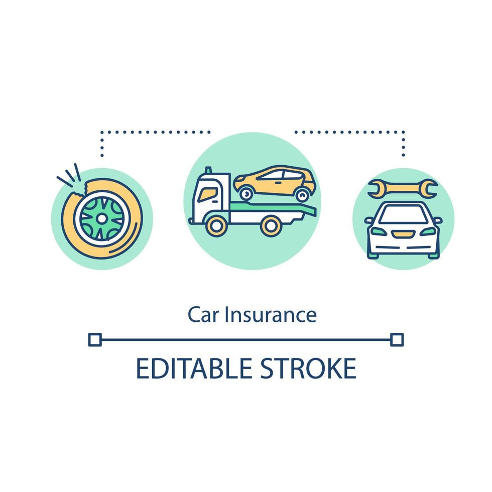 Car insurance concept icon. Accident recovery. Automobile repair. Dealership for property owners. Vehicle fix idea thin line illustration. Vector isolated outline RGB color drawing. Editable stroke