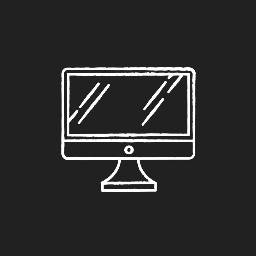 Desktop computer monitor chalk white icon on black background. Regular personal computer. Display, screen. Electronic gadget. Digital device. Technology. Isolated vector chalkboard illustration