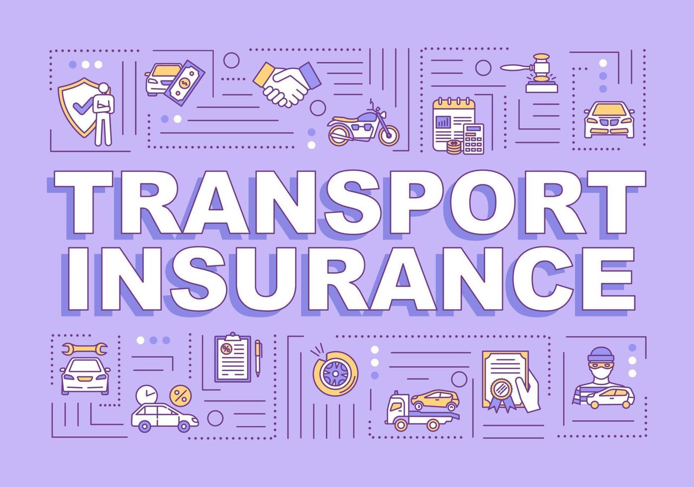 Transport insurance word concepts banner. Vehicle repair from collision. Infographics with linear icons on purple background. Isolated typography. Vector outline RGB color illustration
