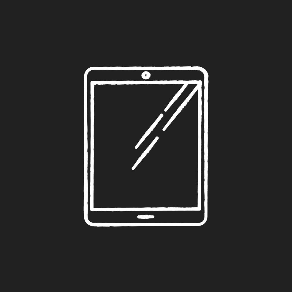 Tablet computer chalk white icon on black background. Touch screen PC. Electronic gadget with touchpad. E-reader. Digital reading. Handheld mobile device. Isolated vector chalkboard illustration