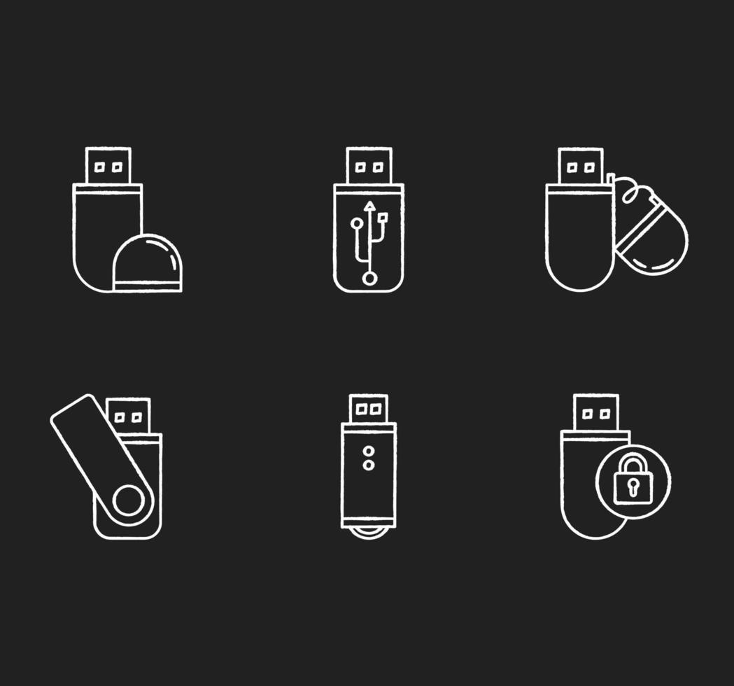 USB flash drive chalk white icons set on black background. Compact data storage device. Memory stick. Thumb drive, key. Small portable electronic gadget. Isolated vector chalkboard illustrations