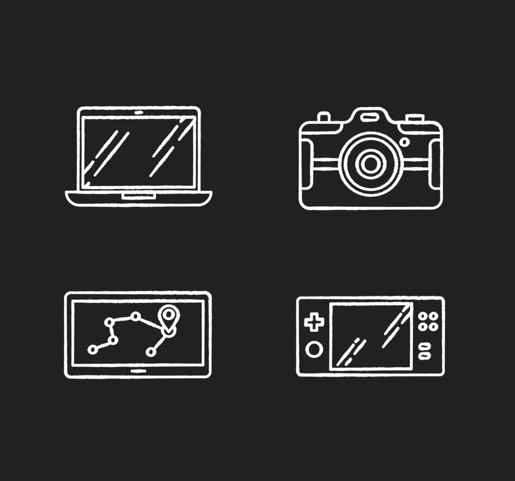 Mobile devices chalk white icons set on black background. Electronic gadgets. Navigation assistant, game console. Laptop, photo camera. Compact digital tools. Isolated vector chalkboard illustrations