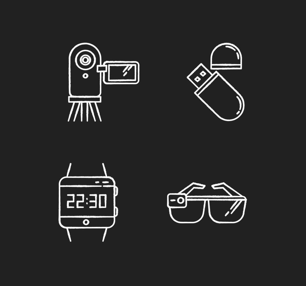 Mobile devices chalk white icons set on black background. Electronic gadgets. Flash drive, video camera. Smartwatch, smartglasses. Compact digital tools. Isolated vector chalkboard illustrations
