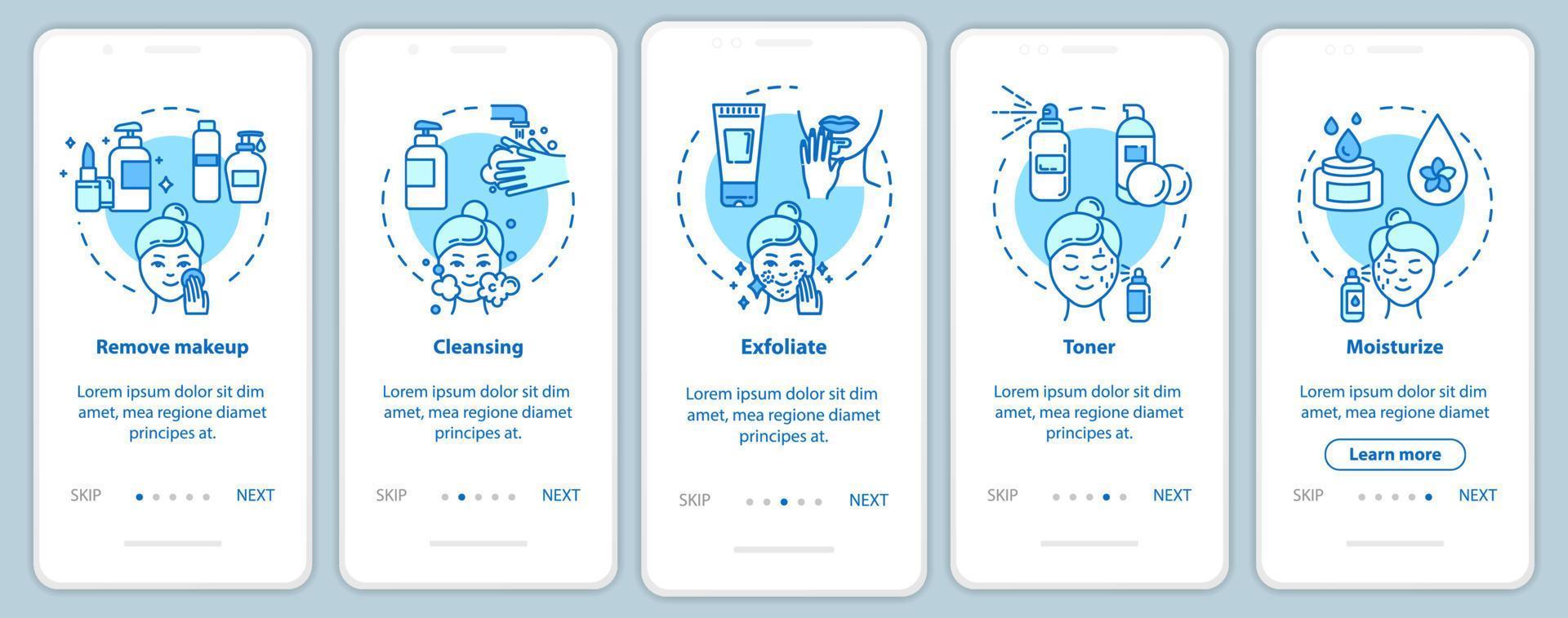 Skicare onboarding mobile app page screen with concepts. Regular masks, facebuilding. Cosmetology walkthrough 5 steps graphic instructions. UI vector template with RGB color illustrations