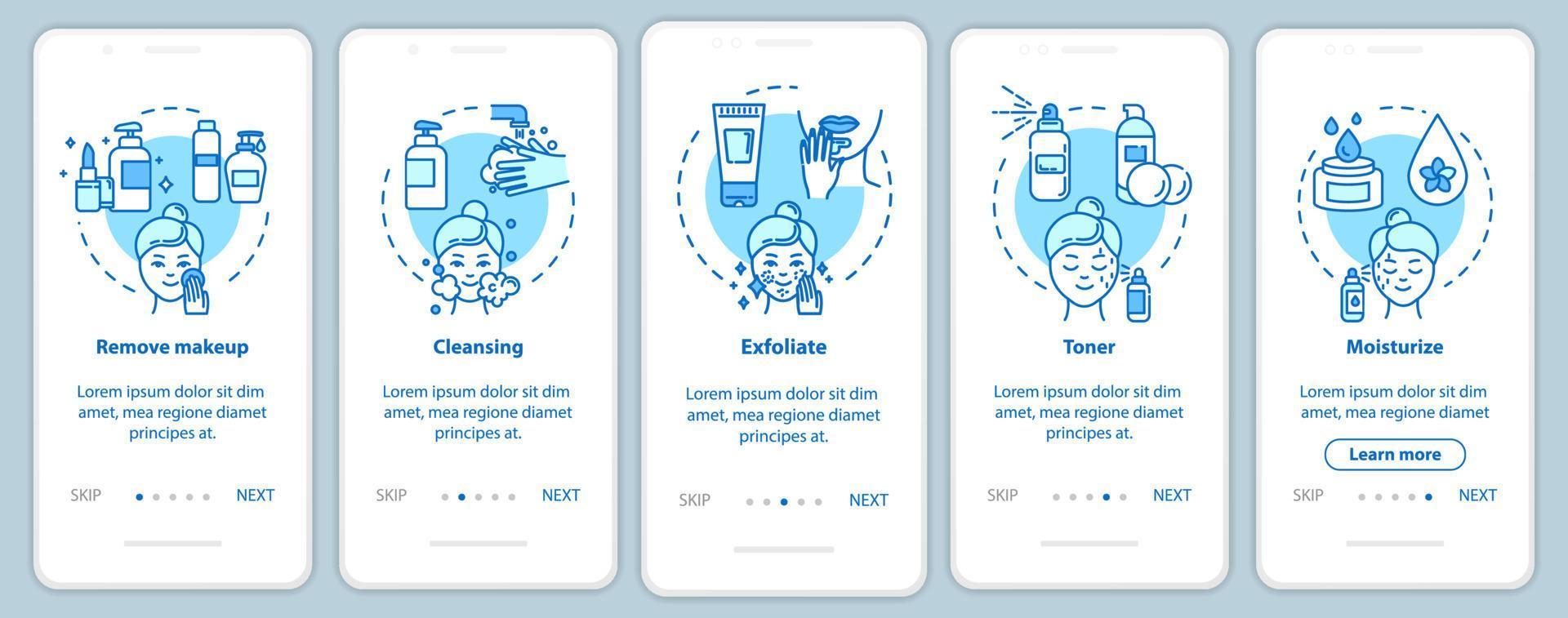 Skicare onboarding mobile app page screen with concepts. Regular masks, facebuilding. Cosmetology walkthrough 5 steps graphic instructions. UI vector template with RGB color illustrations