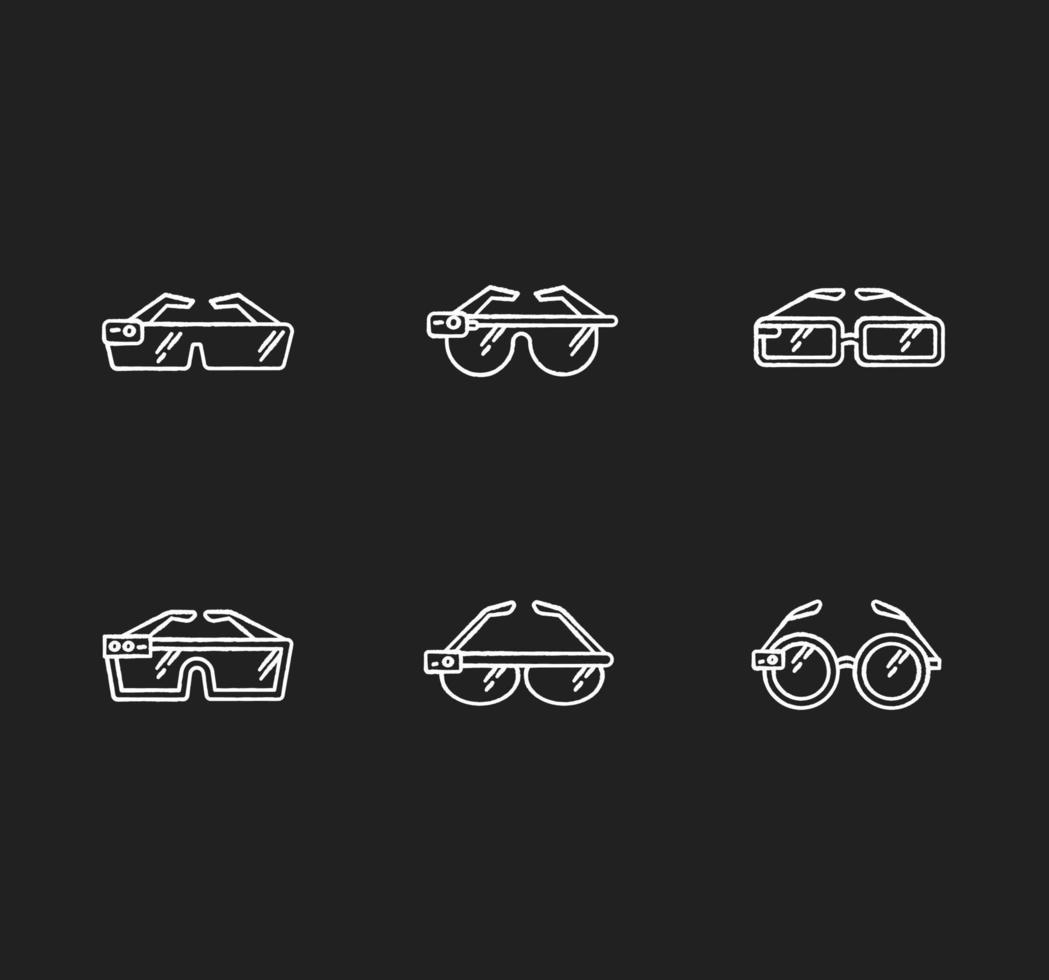 gafas inteligentes tiza iconos blancos en fondo negro. lentes inteligentes. Aparatos ópticos portátiles. tecnología de realidad aumentada. vigilancia. dispositivos móviles. ilustraciones de pizarra vector aislado