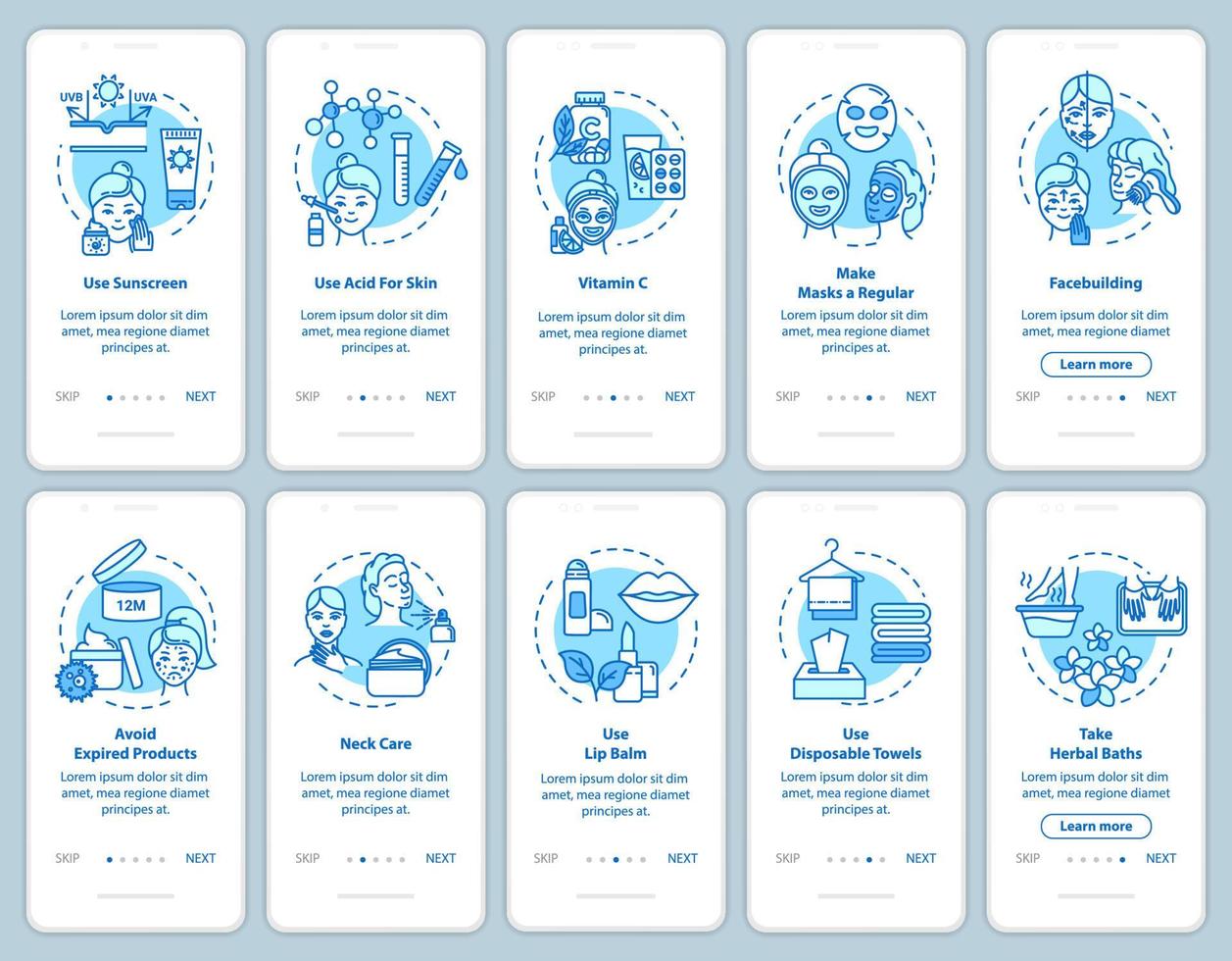 Skicare onboarding mobile app page screen with concepts. Cosmetic products. Dermatology and cosmetology walkthrough 5 steps graphic instructions. UI vector template with RGB color illustrations