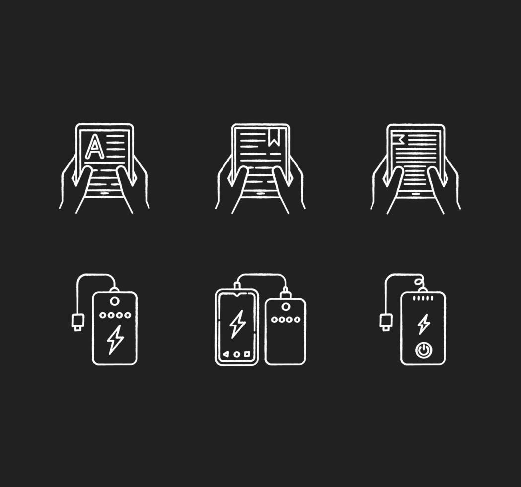 Portable electronic devices chalk white icons set on black background. Power bank. Portable battery. Pocket charging gadget. Hands holding e-readers, tablets. Isolated vector chalkboard illustrations