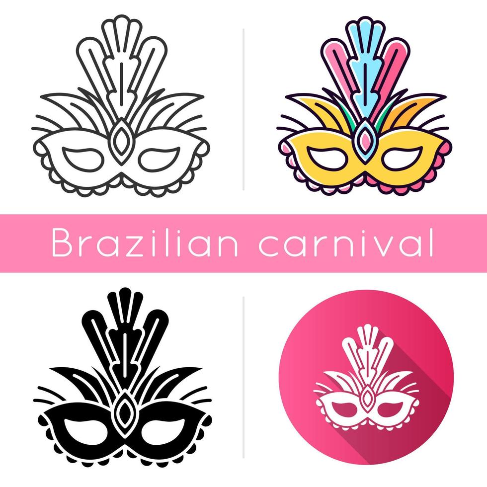 Masquerade mask icons set. Linear, black and RGB color styles. Traditional headwear with plumage. Ethnic festival. National holiday parade. Isolated vector illustrations