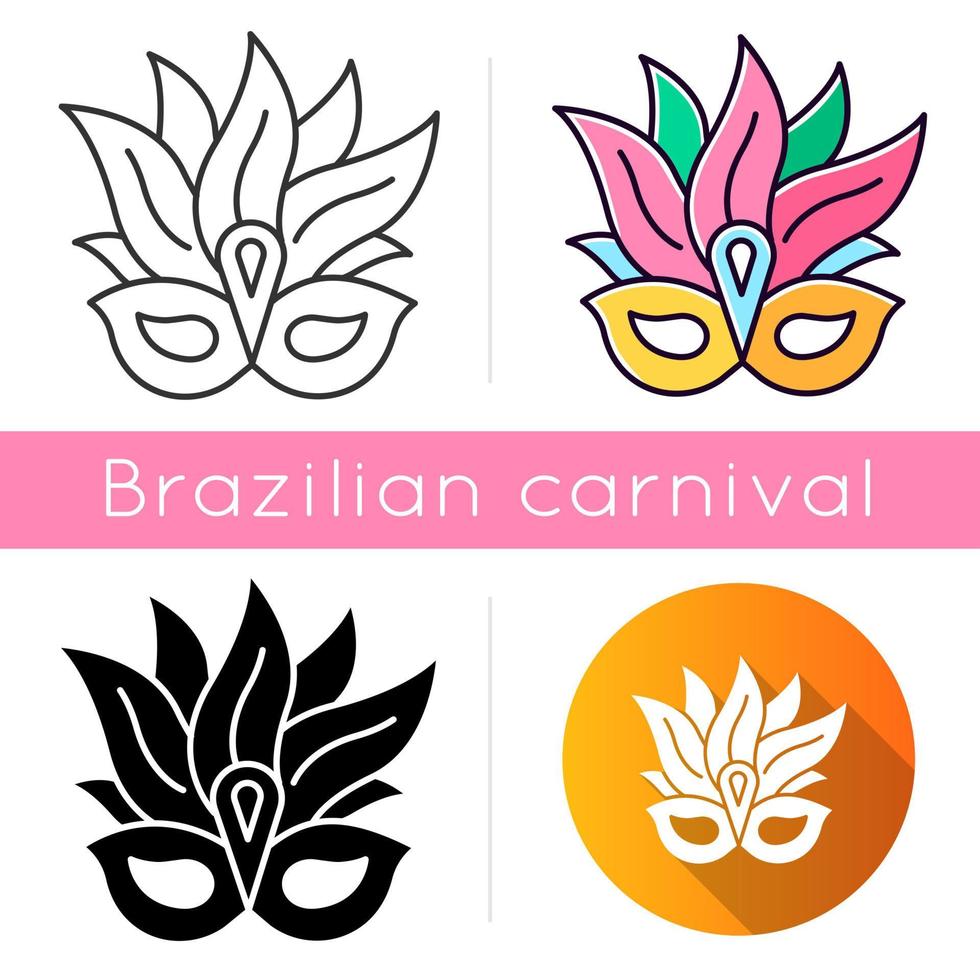 Masquerade mask icons set. Linear, black and RGB color styles. Traditional headwear with plumage. Brazil ethnic festival. National holiday parade. Isolated vector illustrations