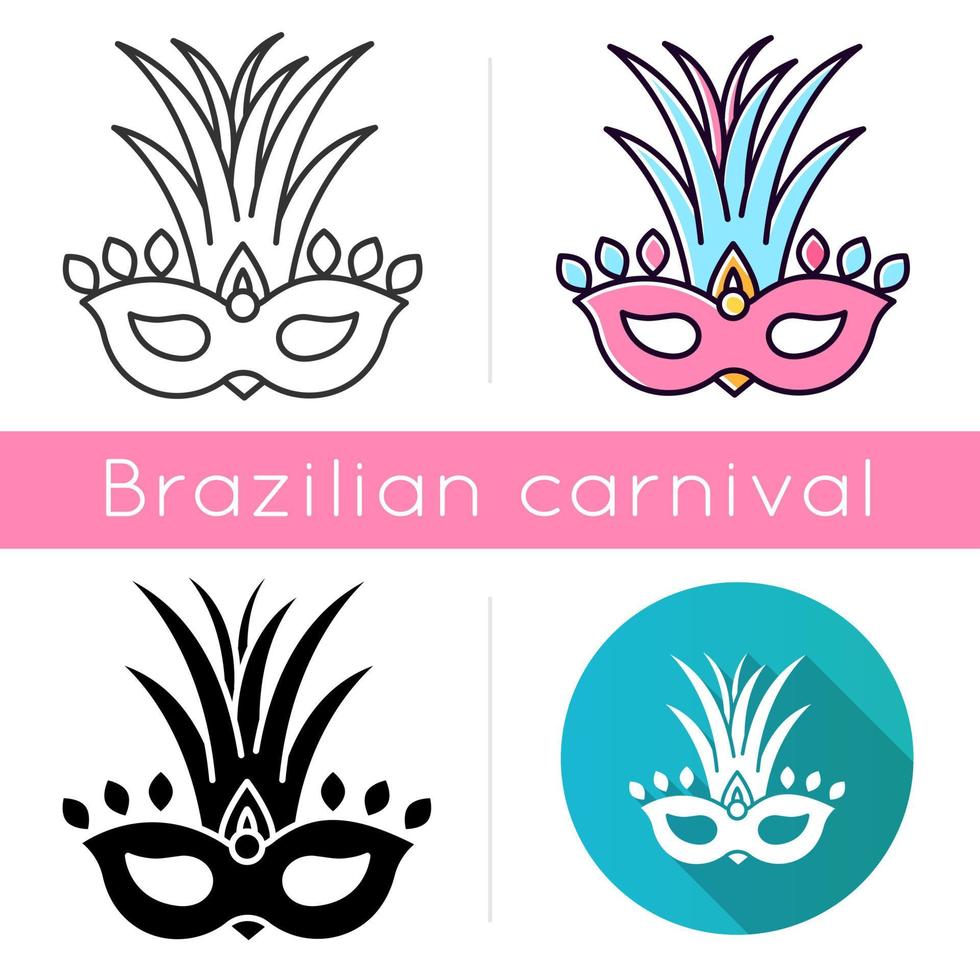 Masquerade mask icons set. Linear, black and RGB color styles. Traditional headwear with palm leaves. Ethnic festival. National holiday parade. Isolated vector illustrations