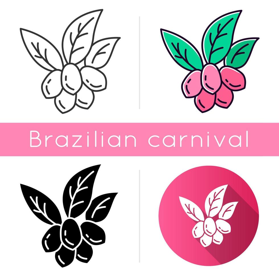 Jojoba icons set. Linear, black and RGB color styles. Fruits with leaves. Botany. Brazilian exotic plant. Miracle fruit. osmetic oil production. Isolated vector illustrations