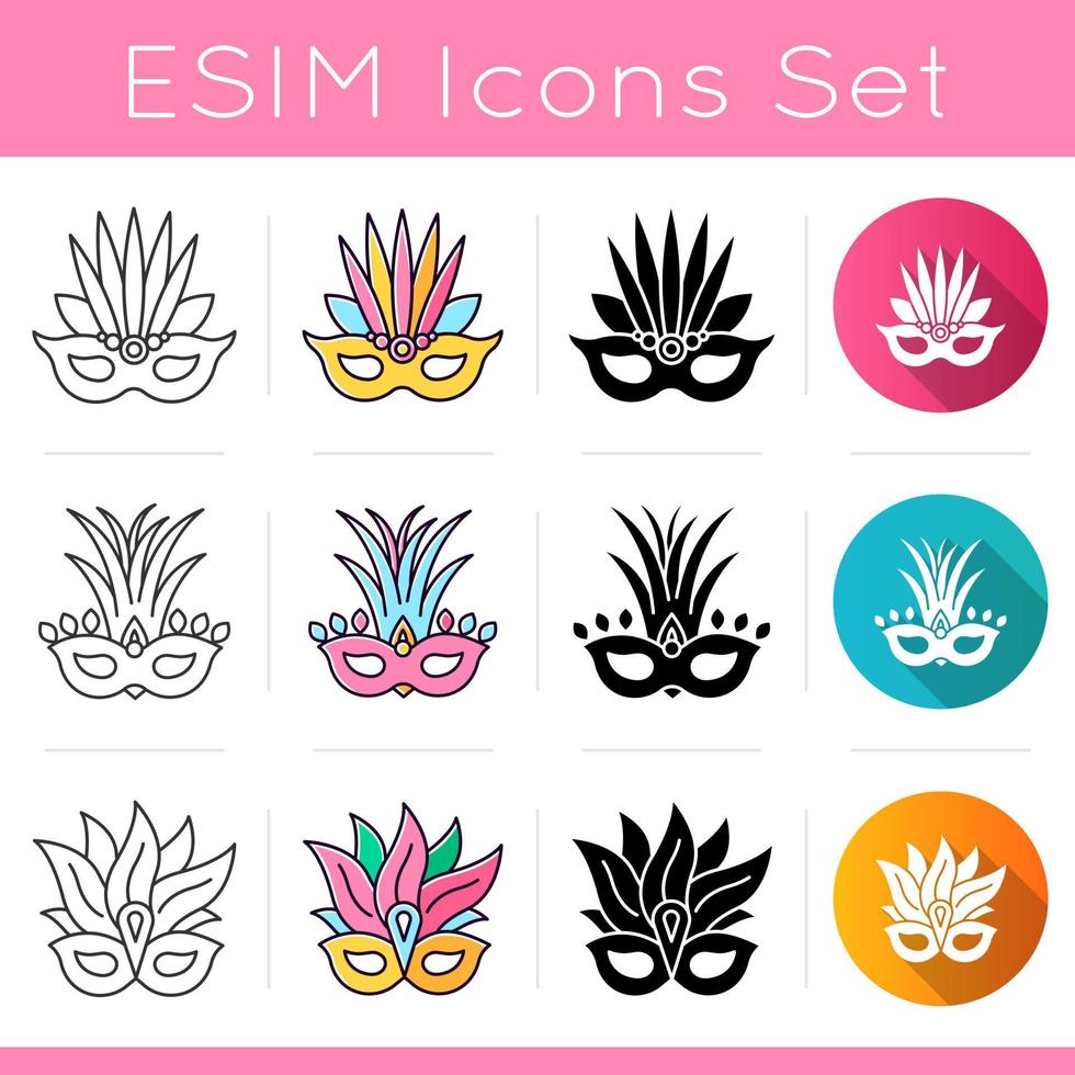 Masquerade masks icons set. Traditional headwear with plumage. Linear, black and RGB color styles. National holiday. Ethnic festival. Isolated vector illustrations