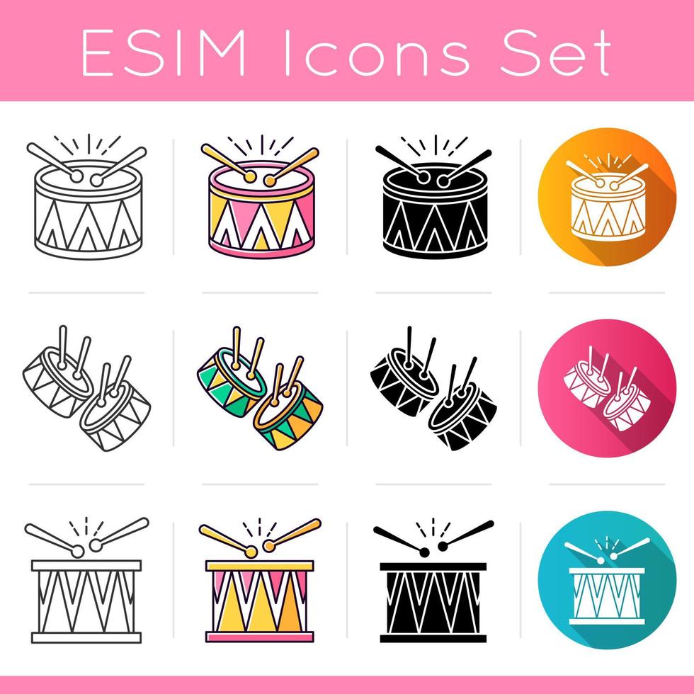Brazilian music icons set. Drums with drumsticks. Linear, black and RGB color styles. Samba. Brazilian carnival. Musical instrument. Festive drum parade. Isolated vector illustrations