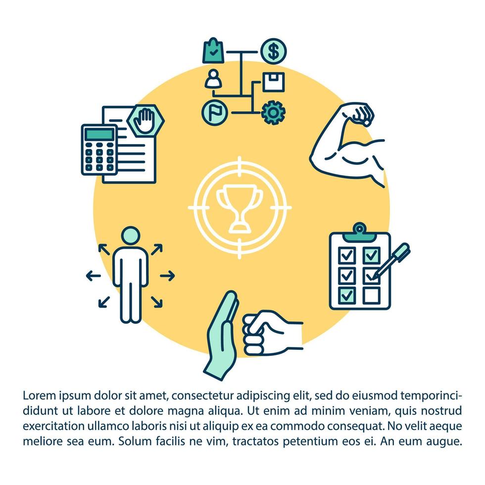 icono de concepto de estrategia de protección con texto. beneficios de planificación. prevención de riesgos. logro de la meta. plantilla de vector de página ppt. folleto, revista, elemento de diseño de folleto con ilustraciones lineales