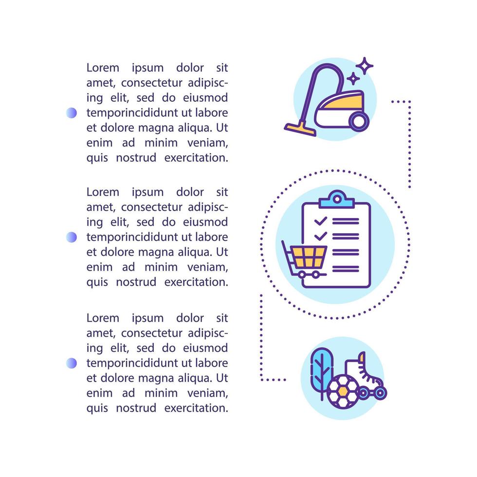 Household chores concept icon with text. Housekeeping tasks, purchases list. Daily planning. PPT page vector template. Brochure, magazine, booklet design element with linear illustrations