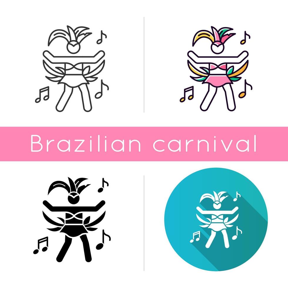 Dancing lady icons set. Linear, black and RGB color styles. Samba. Womens carnival costume. Brazilian carnival. Ethnic festival. National holiday. Masquerade parade. Isolated vector illustrations