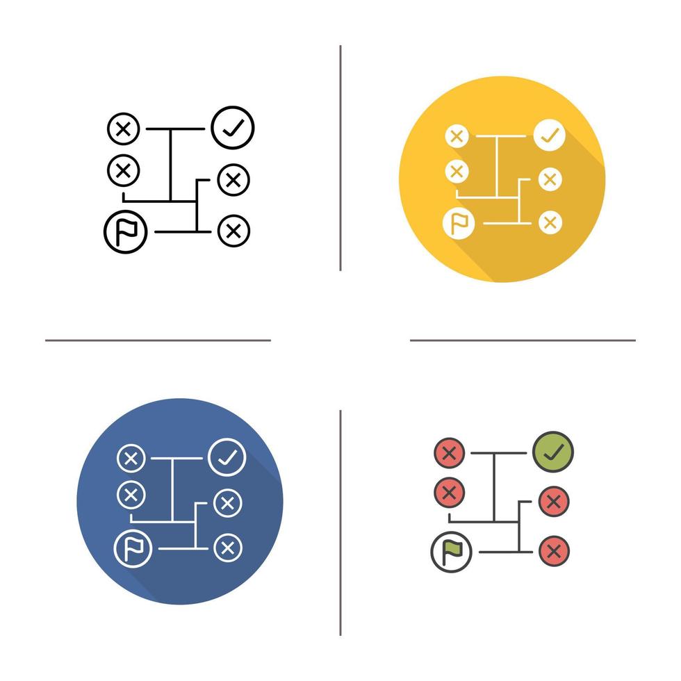 Problems solving icon. Flat design, linear and color styles. Right and wrong decisions. Maze isolated vector illustrations