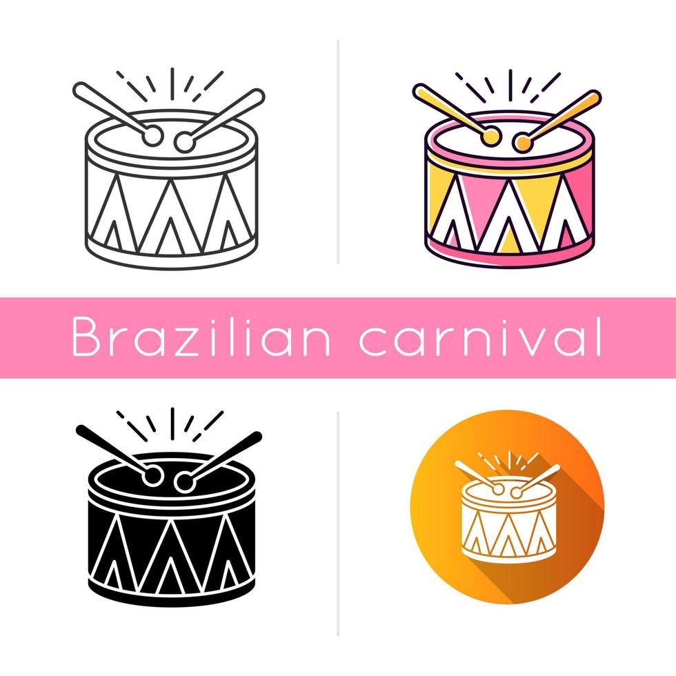 Drum icons set. Linear, black and RGB color styles. Musical instrument. Brazilian carnival. Festive drum parade. Samba. Musical movement. National holiday. Isolated vector illustrations