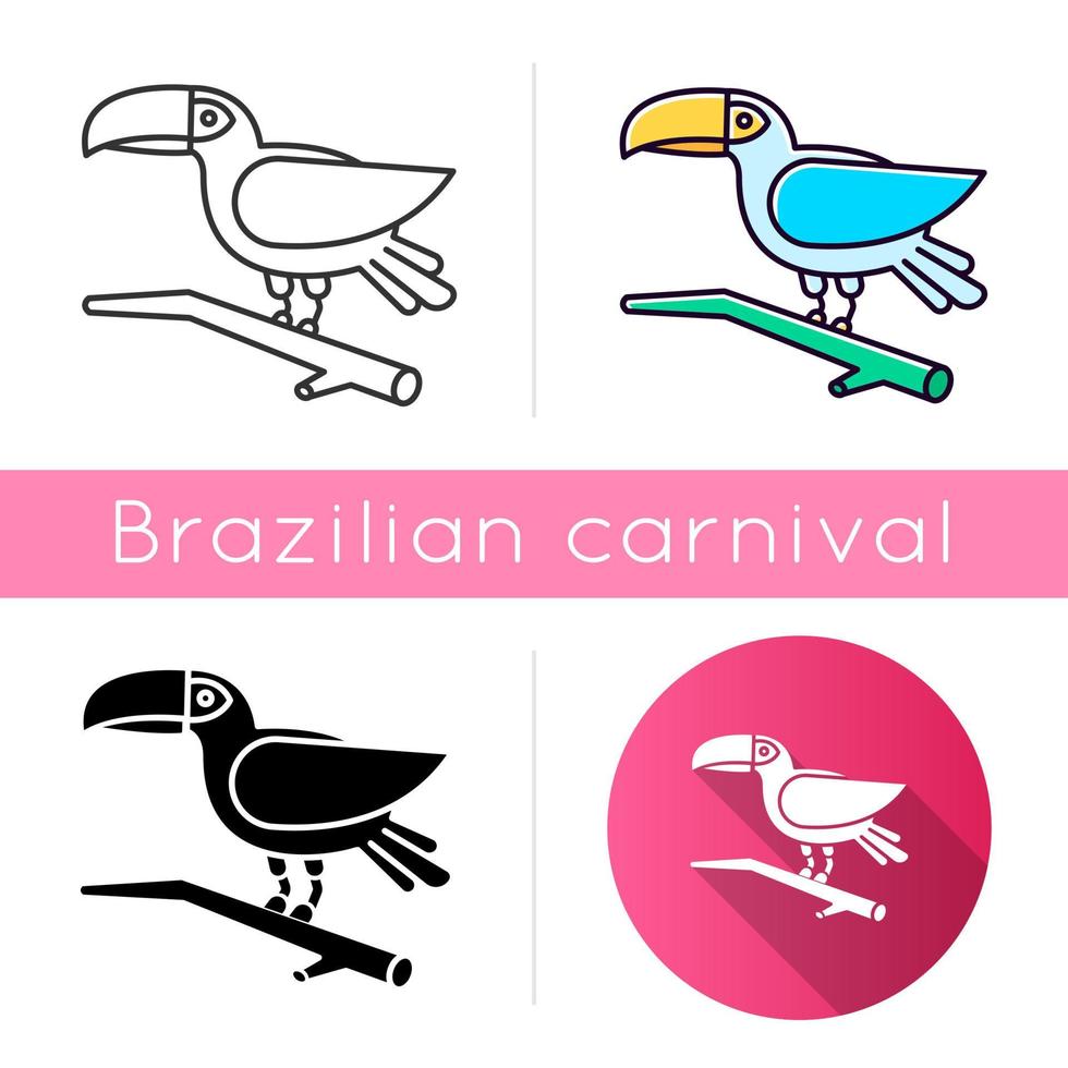 Toucan icons set. Linear, black and RGB color styles. Exotic bird. Brazilian fauna. Wildlife. Tropical birdie. Ornithology. South America wild animal. Isolated vector illustrations