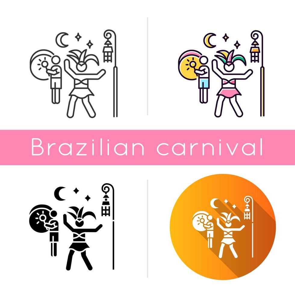 Samba icons set. Linear, black and RGB color styles. Brazilian carnival in night. Dancing lady in national costume. Man playing music on drum. Traditional music. Isolated vector illustrations