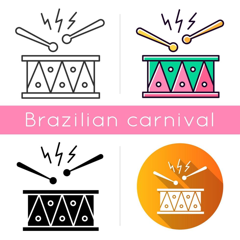 Drum with drumsticks and icons set. Linear, black and RGB color styles. Musical instrument. Brazilian carnival. Festive drum parade. Musical movement. National festival. Isolated vector illustrations