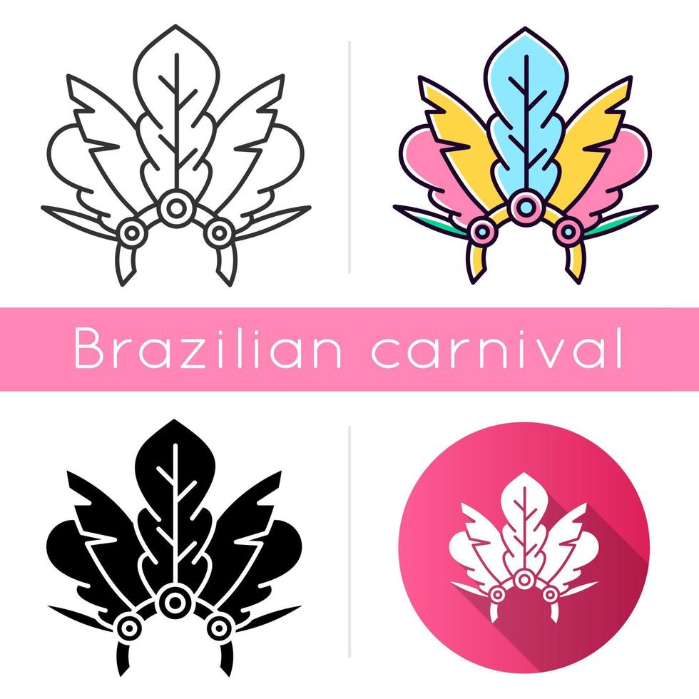 Conjunto de iconos de sombreros de carnaval brasileño. Estilos de color lineal, negro y rgb. corona con plumaje y gemas. traje étnico. fiesta Nacional. desfile de disfraces. ilustraciones vectoriales aisladas vector