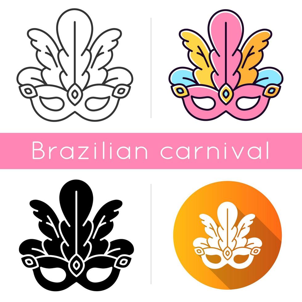 Masquerade mask icons set. Linear, black and RGB color styles. Brazilian traditional headwear with plumage. Ethnic festival. National holiday parade. Isolated vector illustrations