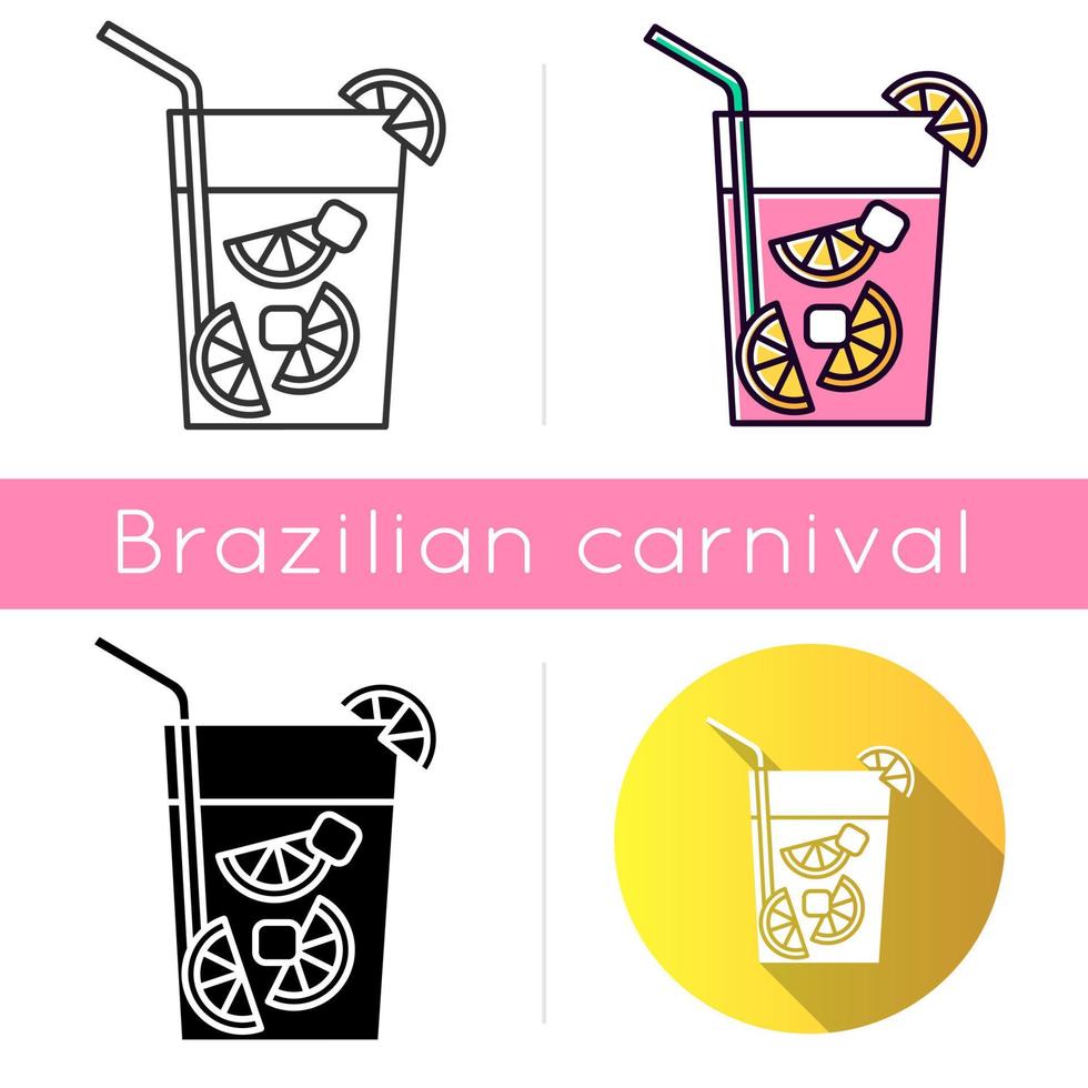 Caipirinha icons set. Linear, black and RGB color styles. Brazilian cocktail. Alcoholic beverage with lime, sugar. Traditional drink. All-day cocktail. National potation. Isolated vector illustrations