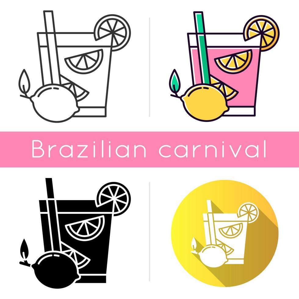 Caipirinha icons set. Linear, black and RGB color styles. Brazilian cocktail. Alcoholic beverage with lemon. Traditional drink. All-day cocktail. National potation. Isolated vector illustrations