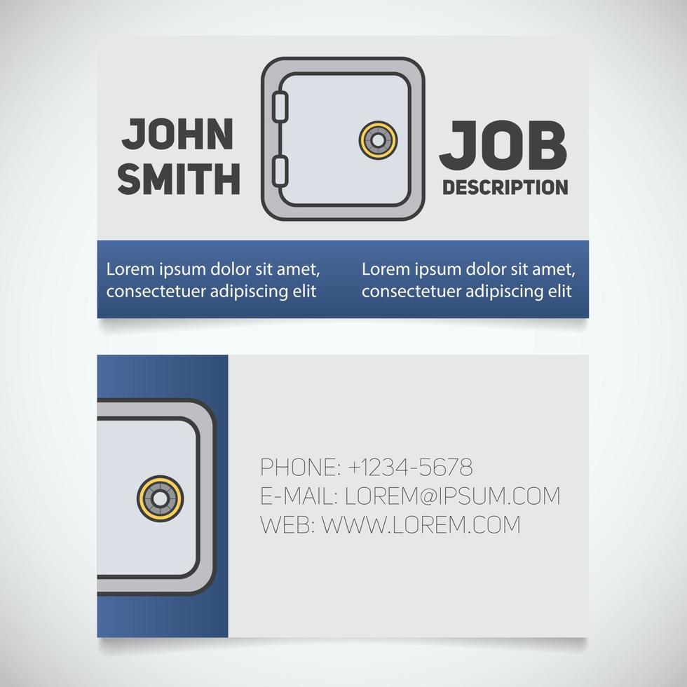 Business card print template with bank vault logo. Easy edit. Manager. Bank security. Safe deposit box. Stationery design concept. Vector illustration